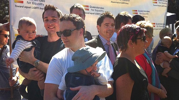 Gay parents gather at the launch of a new lobby group, Queenslanders for Equality, in Brisbane's New Farm Park July 22, 2012. Photo: Tony Moore